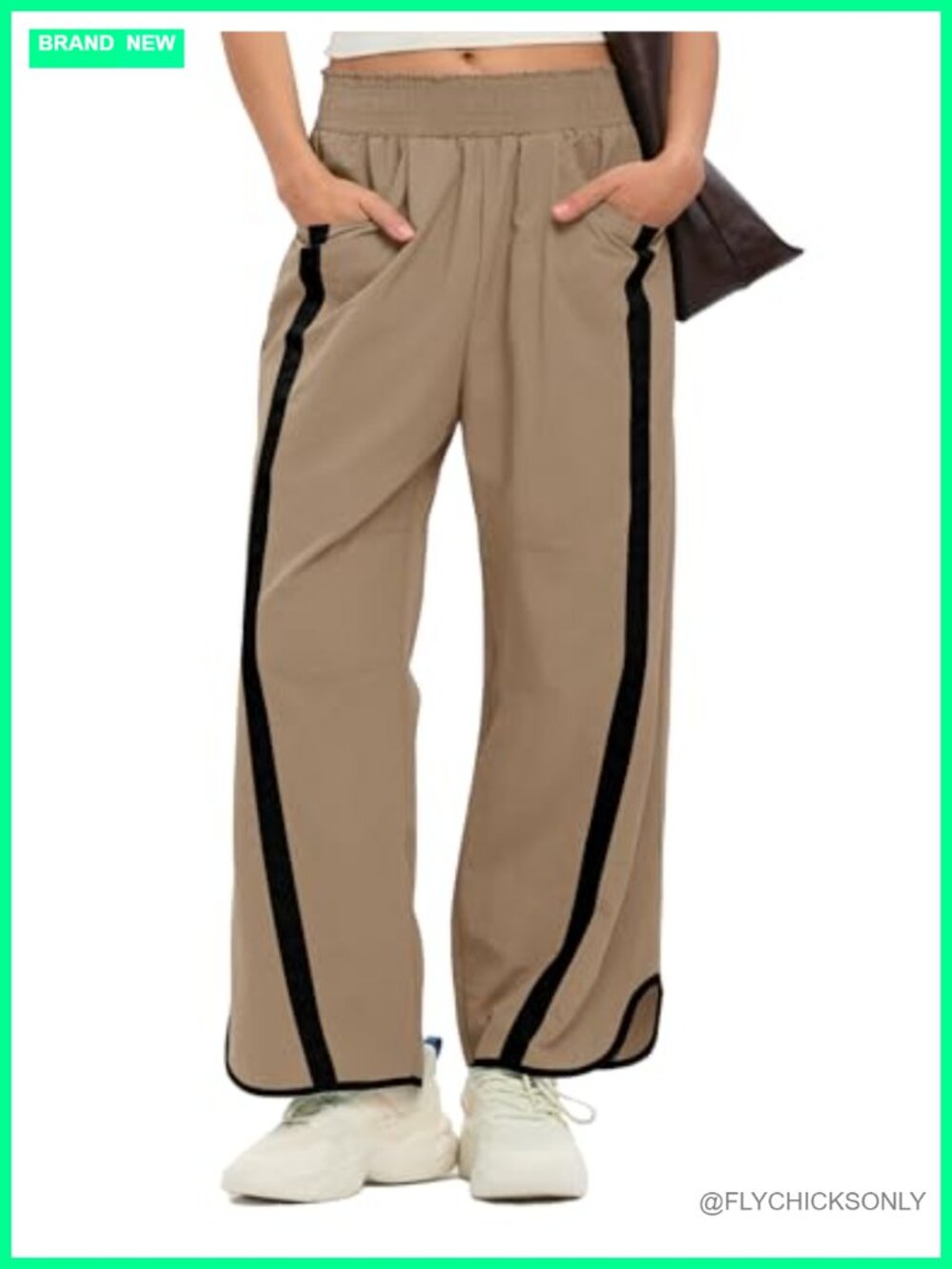 Wide Leg Track Pants with Pockets Elastic Waist Contrast Stripe Athleisure - Picture 2 of 7
